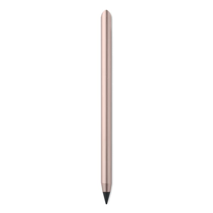 A pen featuring a sleek rose gold design with a black tip, standing upright against a white background.