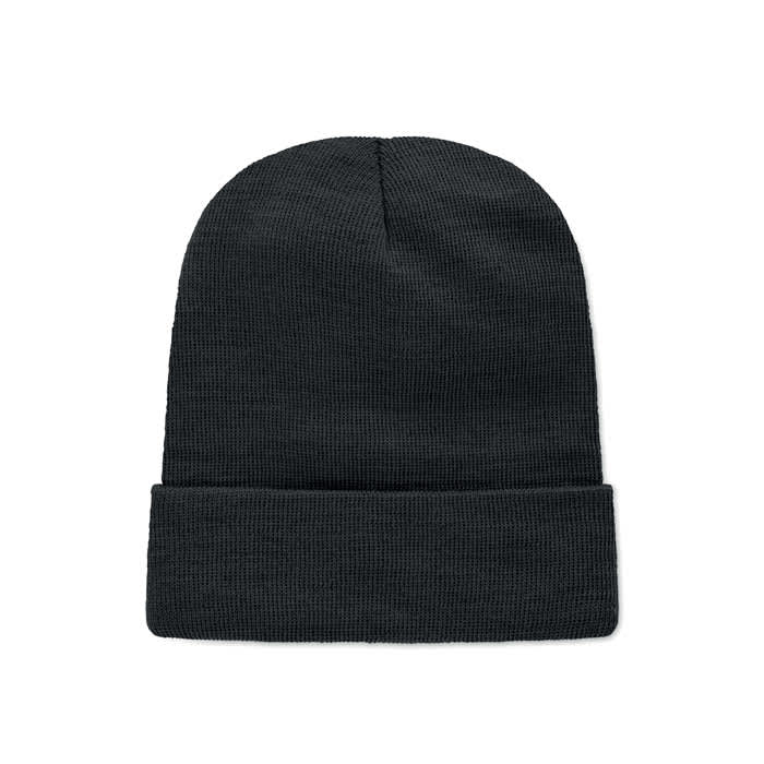 A black beanie with a ribbed texture and a folded cuff at the bottom, featuring no visible logos or brand marks.