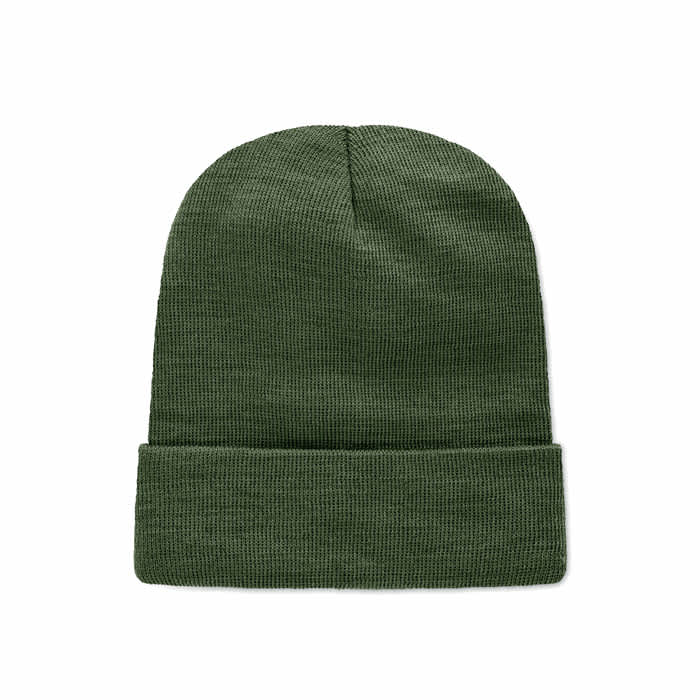 A green beanie hat with a folded cuff design, featuring a textured knit pattern.