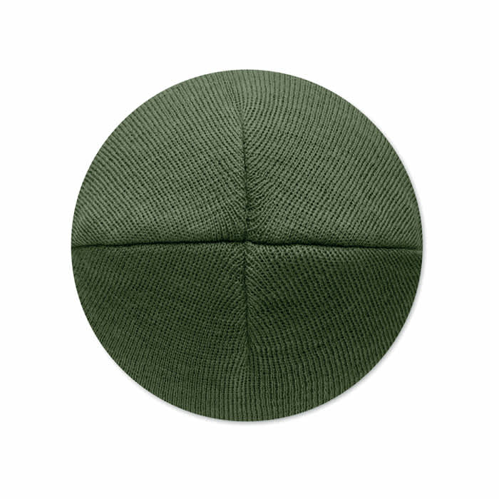 A green knit beanie featuring a textured design and a rounded top with stitched seams.