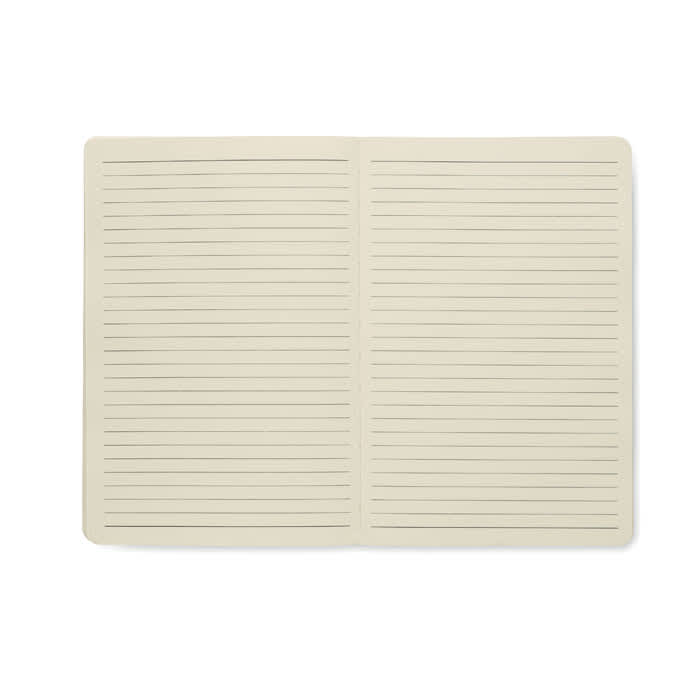 A blank, cream-coloured notebook with lined pages, laid open to display both pages. It features no branding.