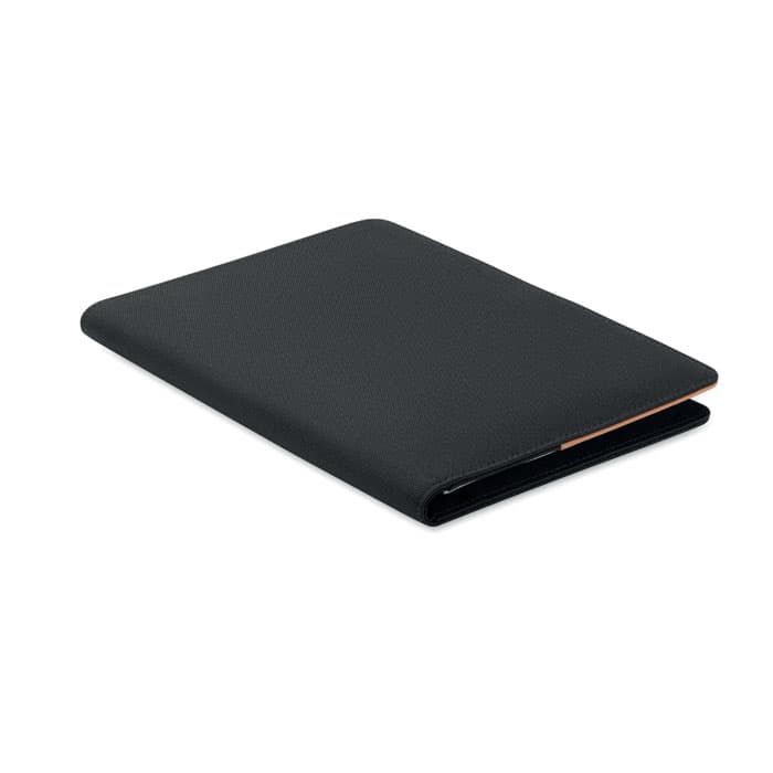 A black leather notebook with a smooth finish, featuring a simple and elegant design. It has a plain cover and a sleek profile.