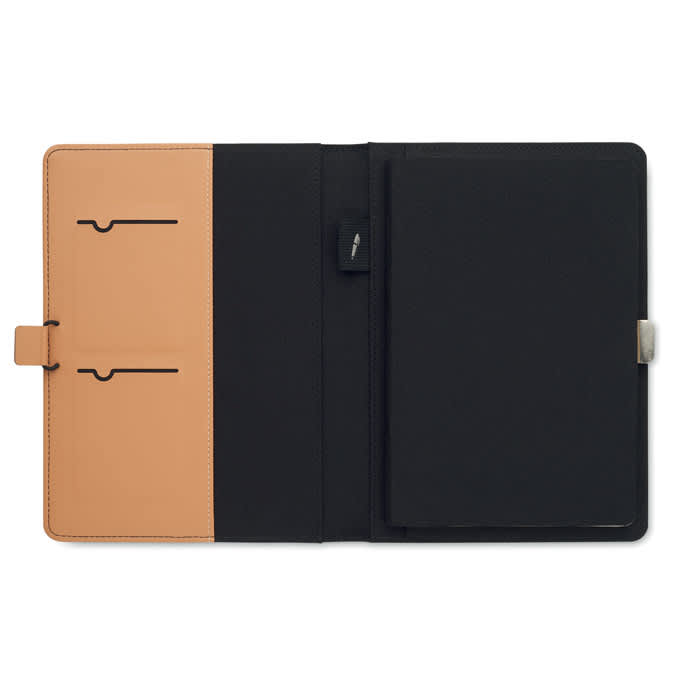 A notebook cover featuring a black interior with a tan section, including pockets for cards and a pen holder.