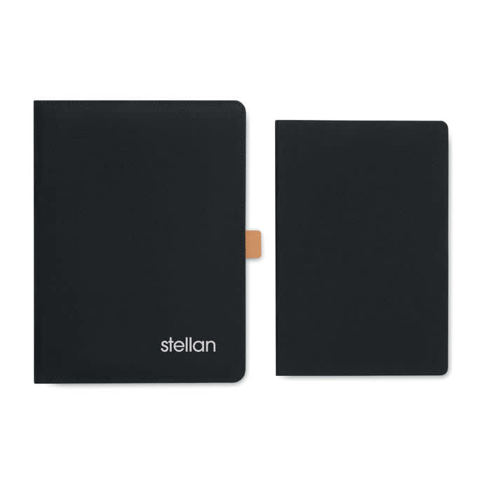A black notebook set featuring a larger and smaller notebook, both with a smooth finish and a logo on the cover.