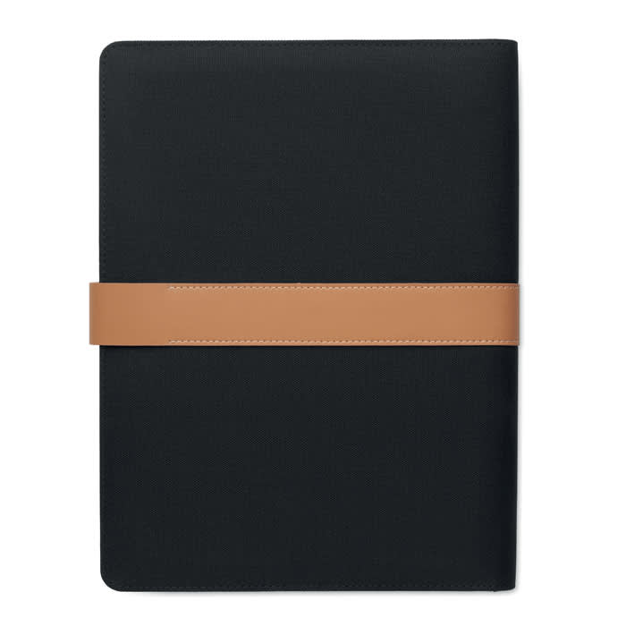 A black folder with a beige elastic band. The folder has a sleek design and features a logo.