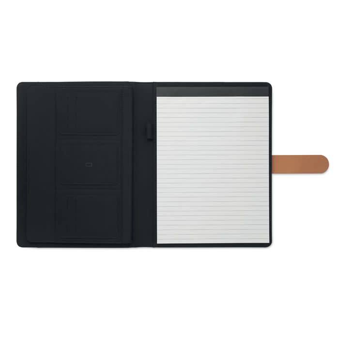 A black folder with a leather strap, featuring an open notepad with lined pages and three card slots.