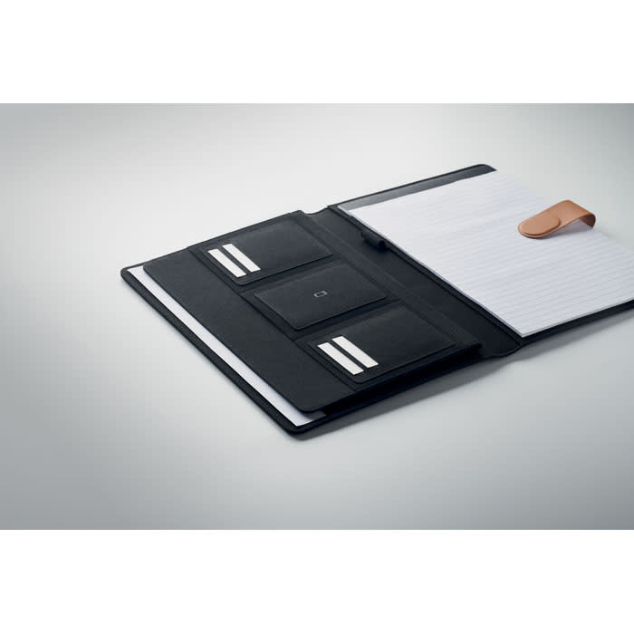 A black folder with card slots, a notepad, and a strap closure. It features a logo on the inside.