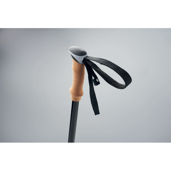 A hiking pole with a cork grip and a black wrist strap, against a neutral background.