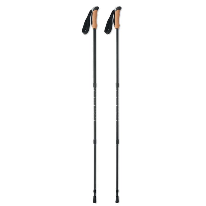 Two black trekking poles with ergonomic cork handles and adjustable straps. They feature rubber tips for grip.