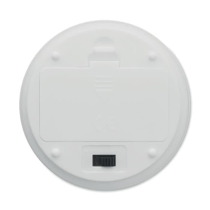 A white round product with a flat back and a small adjustable switch at the bottom. It features a branding logo.