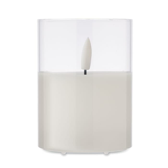 A candle in a transparent holder with a white wax body and a white flame tip, featuring a minimalist design.