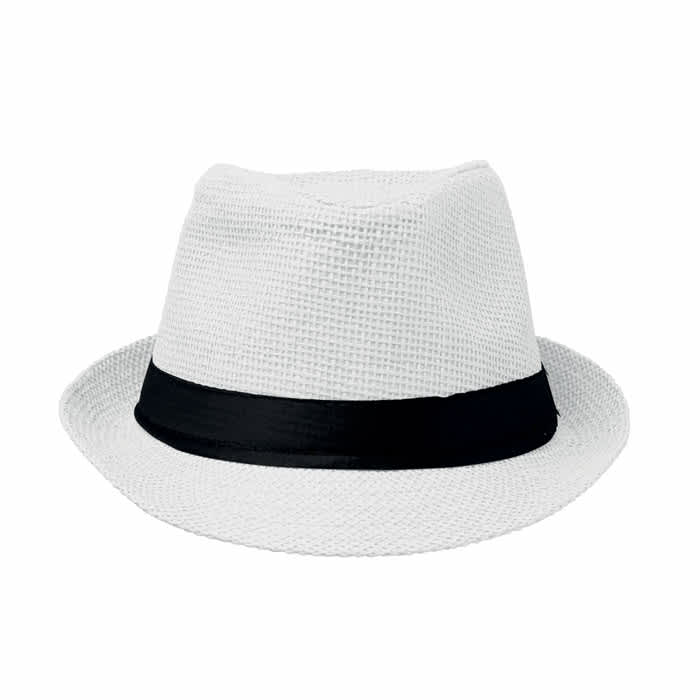 A white fedora hat featuring a black band around the base. The hat has a textured design.
