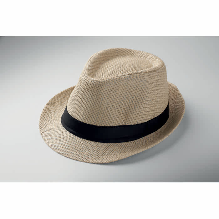 A straw fedora hat in a natural beige colour, featuring a black band around the base.