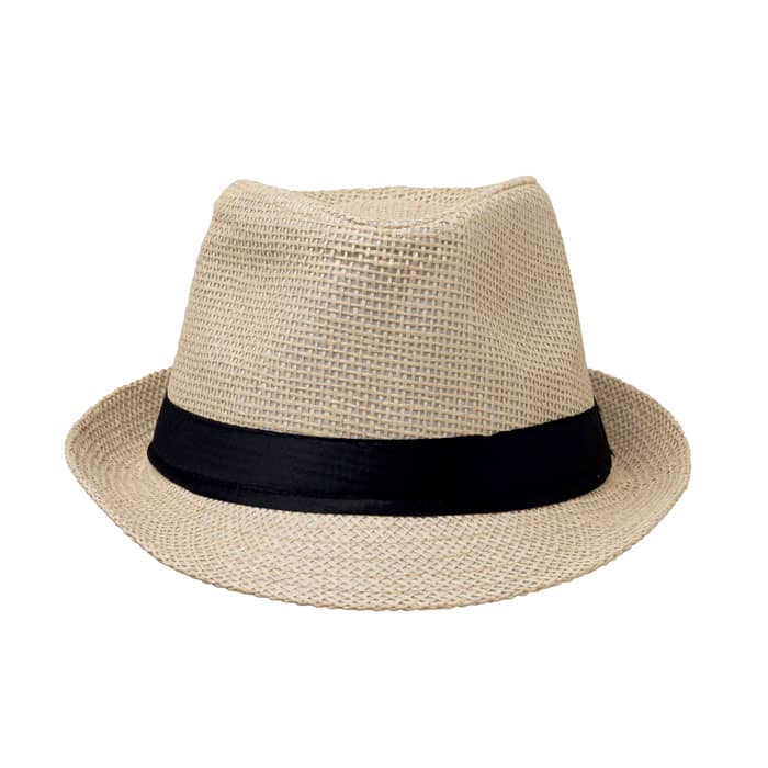 A straw fedora hat in beige with a black band around the base. It features a classic shape and textured design.