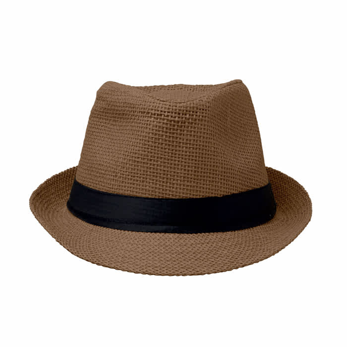 A brown fedora hat with a black band, featuring a textured fabric design.