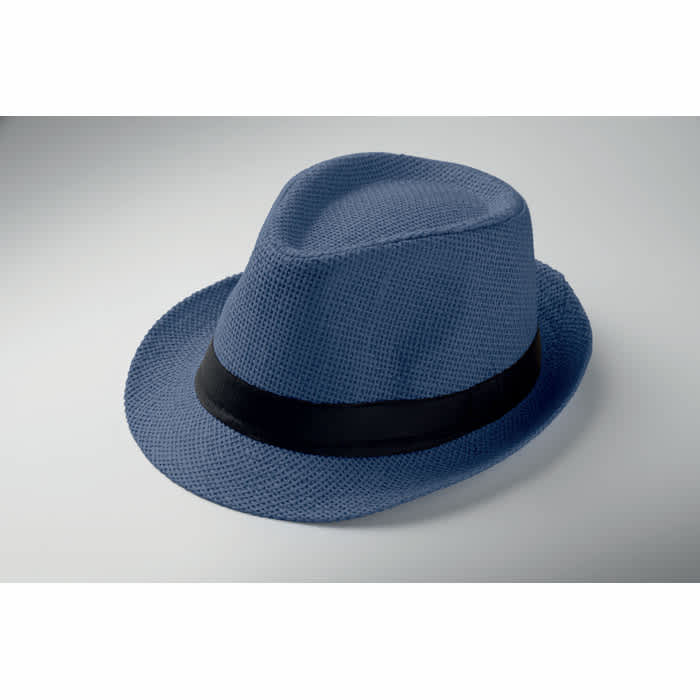 A blue fedora hat with a black band, featuring a textured design.