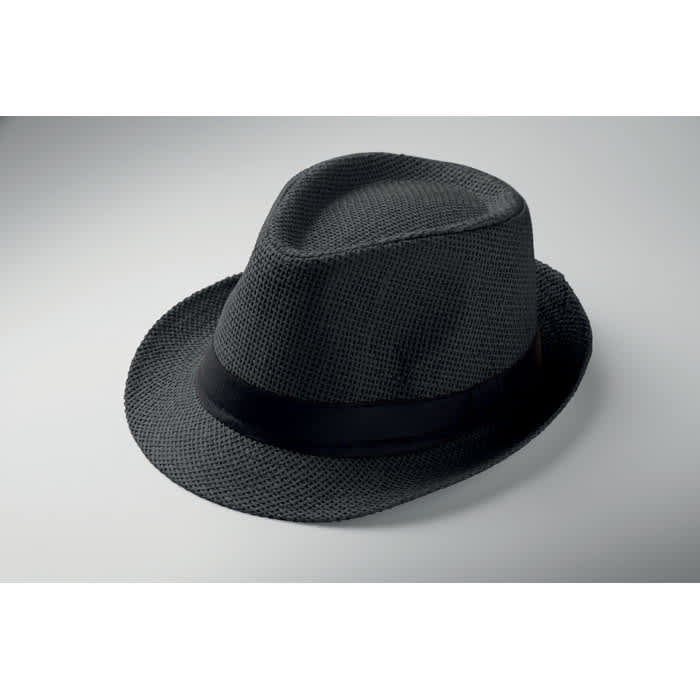 A black fedora hat made of woven material, featuring a matching black ribbon band.