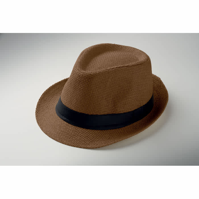 A brown fedora hat with a black band, featuring a textured weave design.