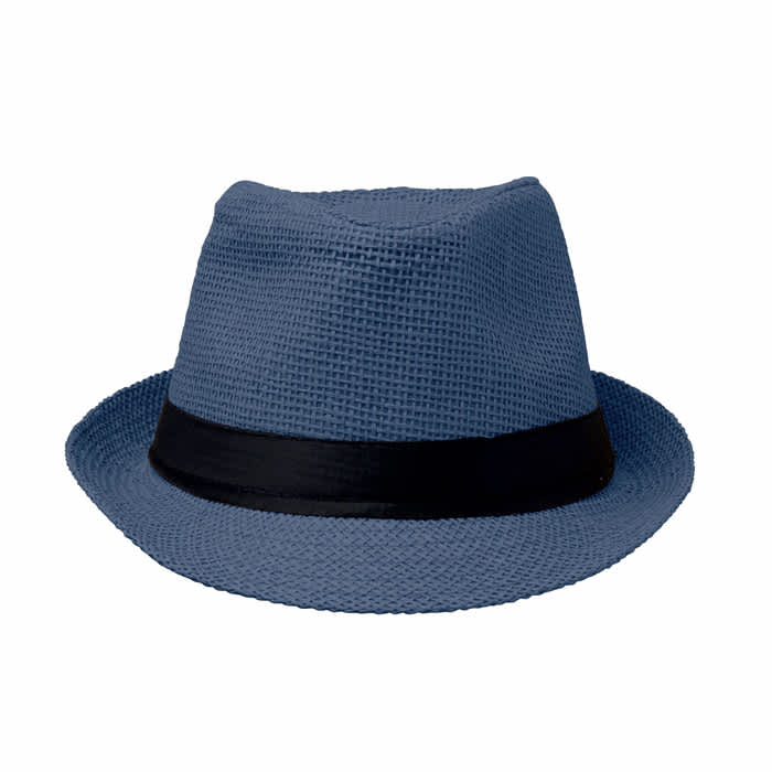 A blue fedora hat with a black band. The hat features a textured weave design.
