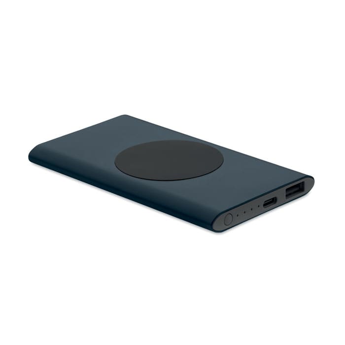 A power bank in dark blue with a round charging area, featuring USB and USB-C ports. It has indicator lights.