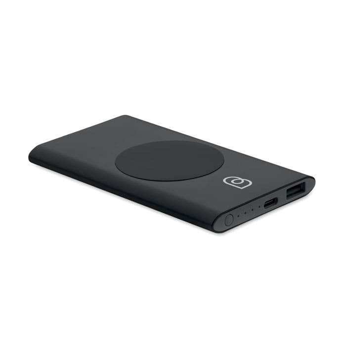 A power bank in black with a wireless charging pad, featuring a USB-C port and a standard USB port.