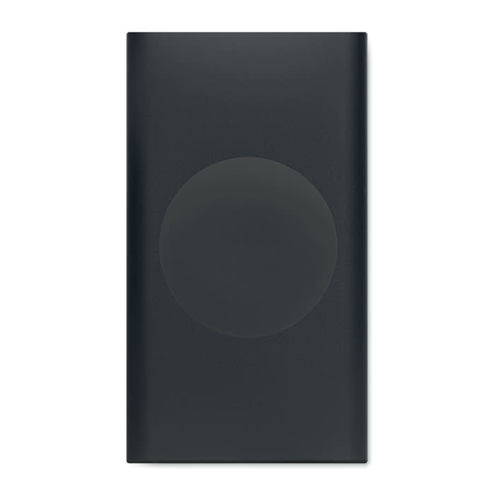 A drink bottle in a sleek black design, featuring a smooth circular logo on its surface.
