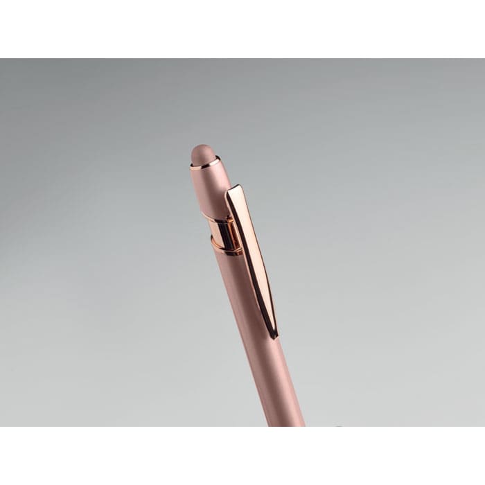 A drink bottle in a matte rose gold finish, featuring a silver metal accent and a sleek design. It has a logo.