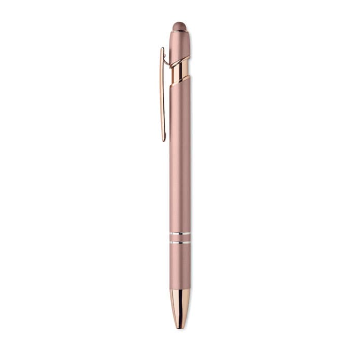 A pen in a rose gold finish with a sleek design and a clip, featuring a small logo.