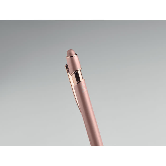 A rose gold pen with a sleek design and a stylus tip at the end, featuring a clip for easy attachment.