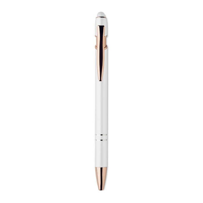A pen with a white body and rose gold accents. It features a logo and a sleek design.
