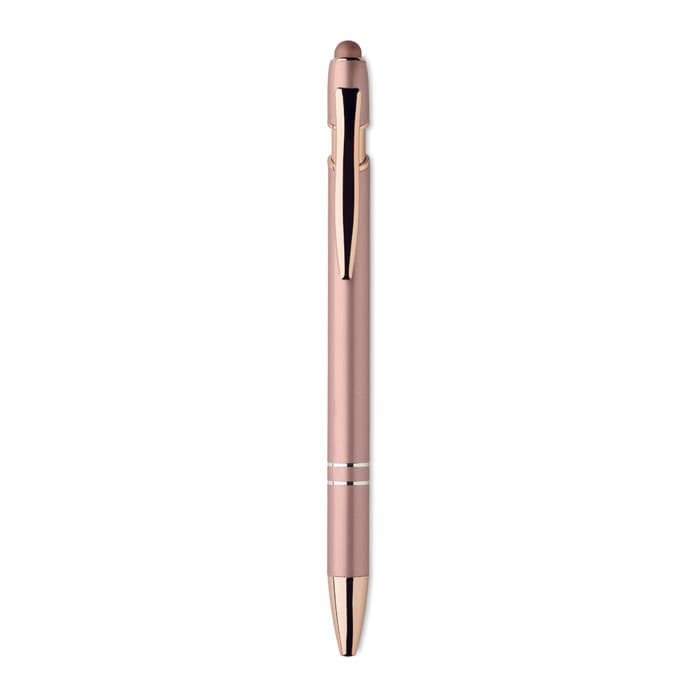 A pink pen with gold accents featuring a sleek design and a clip. There are two decorative silver stripes near the bottom.