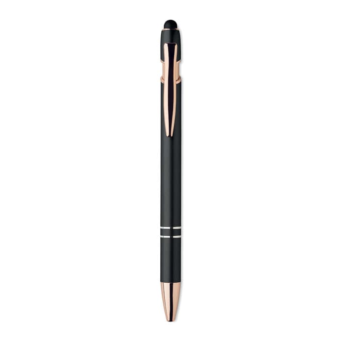 A black pen with rose gold accents and two white stripes along the barrel, featuring a stylus tip at the end.