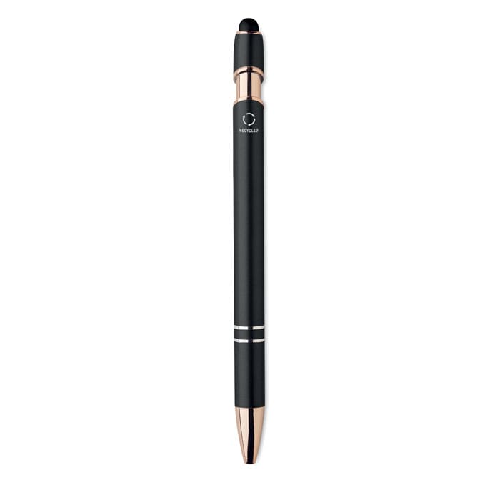 A black and rose gold pen featuring a logo, with a smooth design and stylus tip at the end.