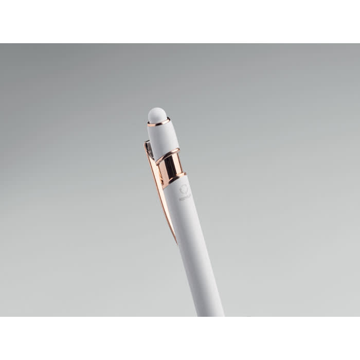 A white pen with a rose gold clip and a rounded tip, featuring a branding logo.