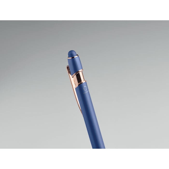 A pen with a blue body and a metallic rose gold clip, featuring a rounded blue tip and a logo.