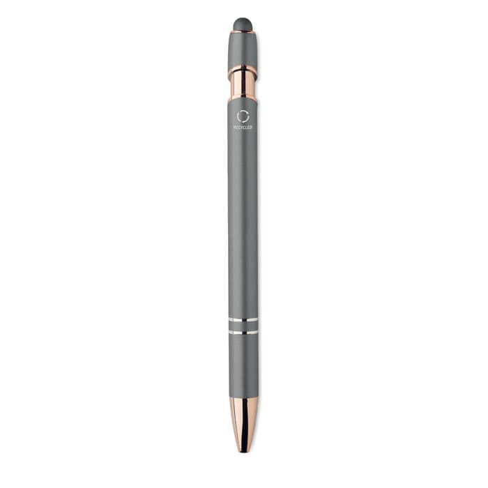 A grey pen with a rose gold clip and accents, featuring a stylus tip at one end. It has a subtle logo.
