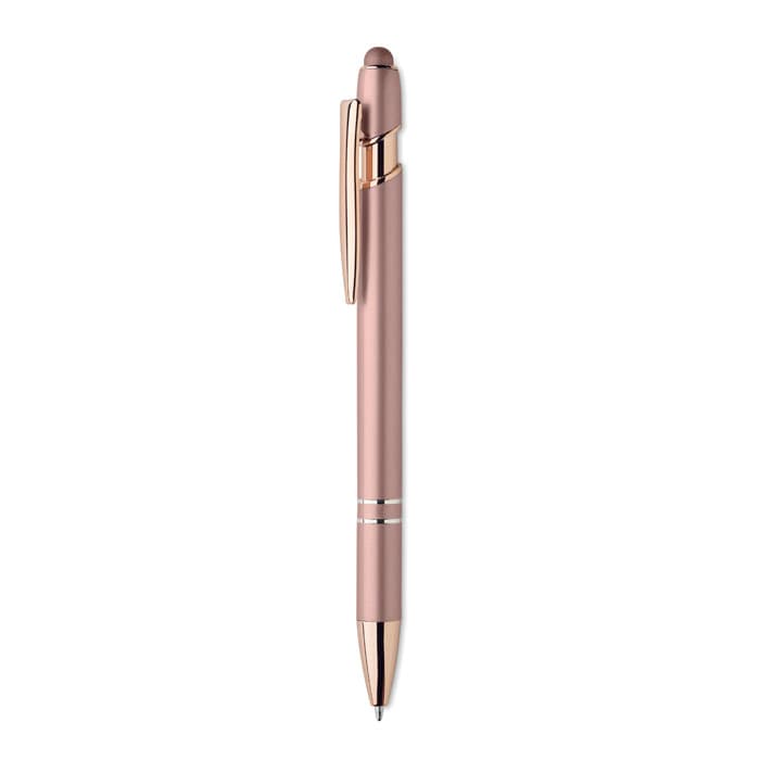 A drink bottle in a sleek rose gold design with a gold-toned clip and accents. The product features a logo.