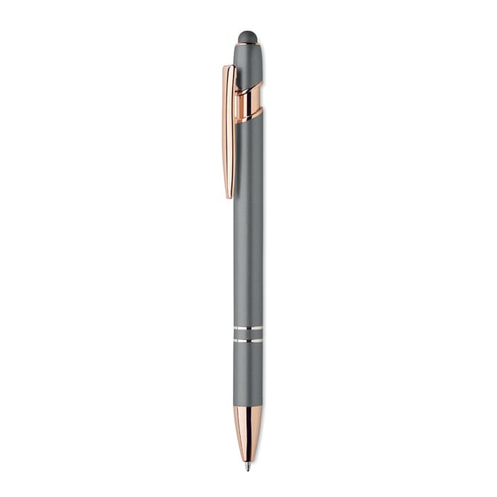 A grey pen with rose gold accents and a sleek design, featuring a logo on the barrel.
