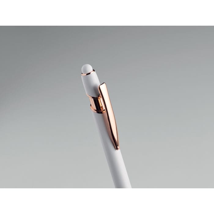 A white pen with a rose gold clip and tip, featuring a rounded end.