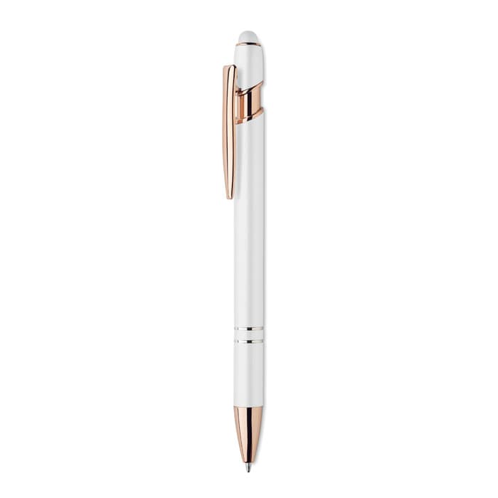 A white pen with rose gold accents, featuring a clip and a smooth design. It has a logo on the barrel.