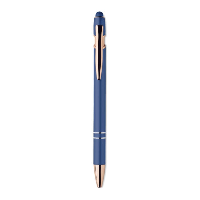 A pen in a deep blue colour with a rose gold clip and accents, featuring a logo near the top.