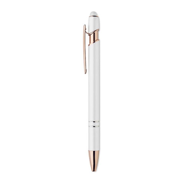 A white pen with rose gold accents and a clip, featuring a sleek, modern design. It has a branding logo.