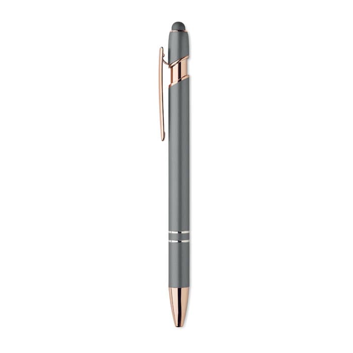 A pen in grey with rose gold accents, featuring a sleek design and a clip. It has a logo on the side.