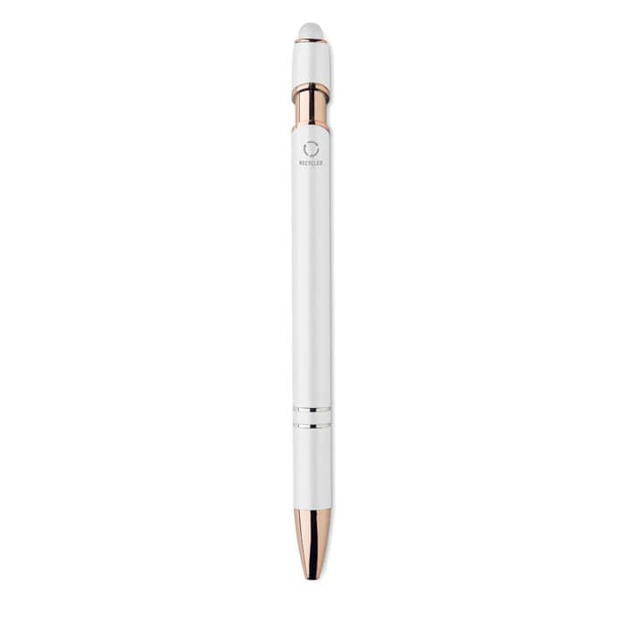 A white pen with rose gold accents and a logo at the top.