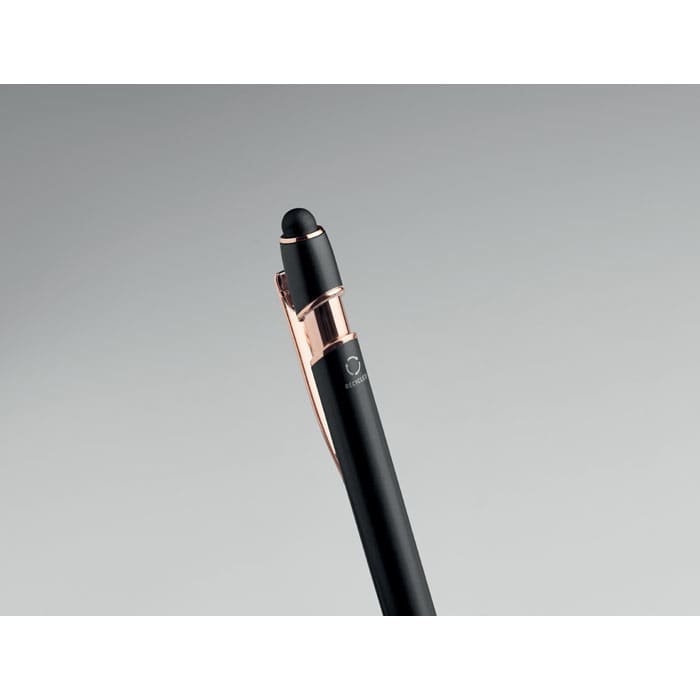 A pen with a sleek black body and a rose gold clip, featuring a logo at the top.