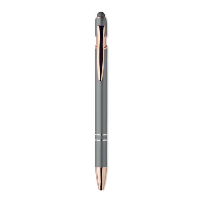 A grey pen with rose gold accents and a stylus tip on one end, featuring a sleek design.