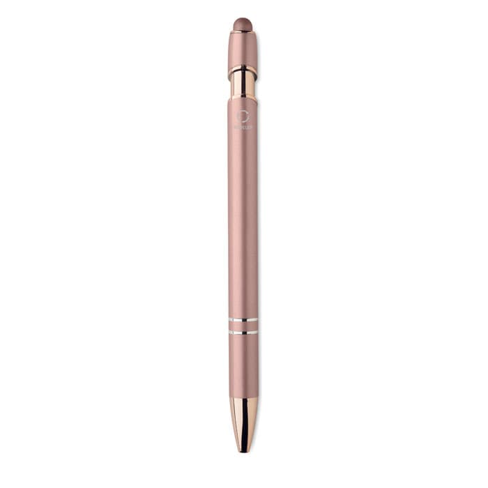 A drink bottle in a sleek rose gold design with a glossy finish and a branding logo.