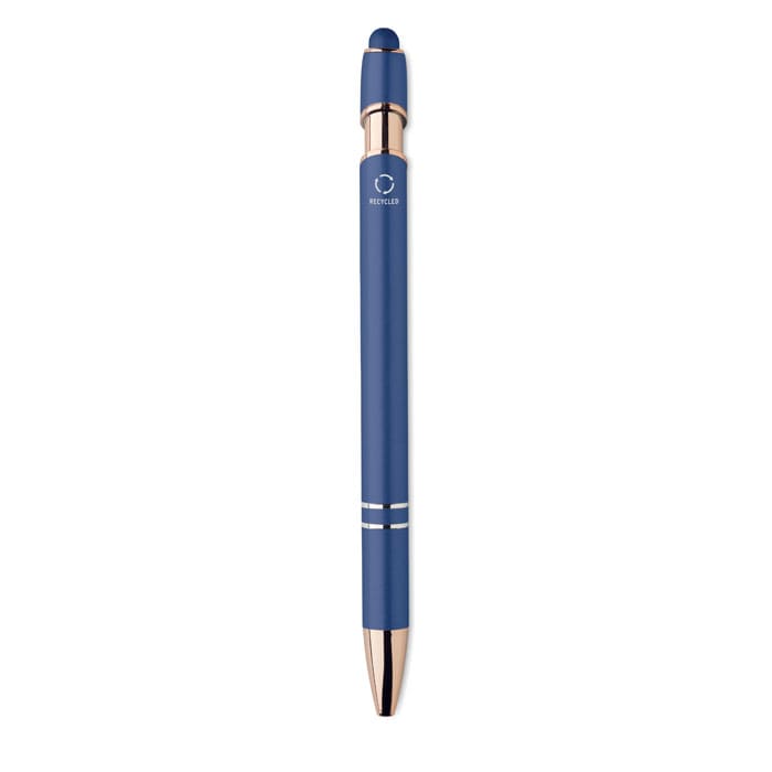 A blue pen with a gold accents and a logo on the body, featuring a retractable design.