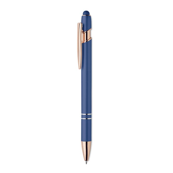 A blue pen with a gold clip and accents, featuring two white stripes on the barrel and a logo on the side.