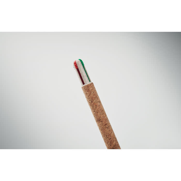 A drink bottle with a cork body and a red and green straw. It features a branding logo on the side.